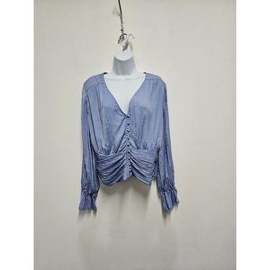 Anthropologie Blue Satin Button Up smocked ballon sleeve Peasant Blouse Size Lar